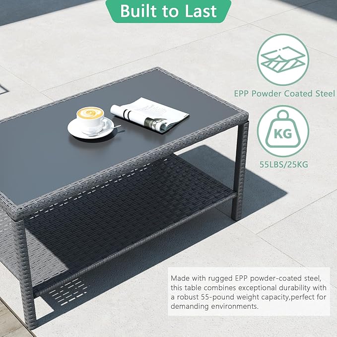 Helios&Hestia Rectangle All Weather Rattan Wicker Outdoor Coffee Side End Table with Glass Top for Patio, Deck, Backyard, Garden, Grey