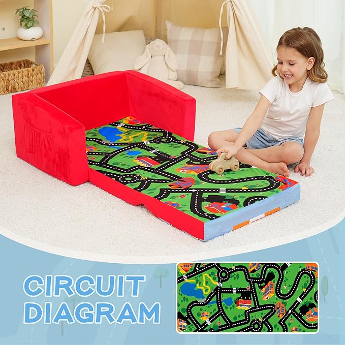 MallBest Kids Sofas Children's Sofa Bed Baby's Upholstered Couch Sleepover Chair Flipout Open Recliner(Red/Fire Truck)