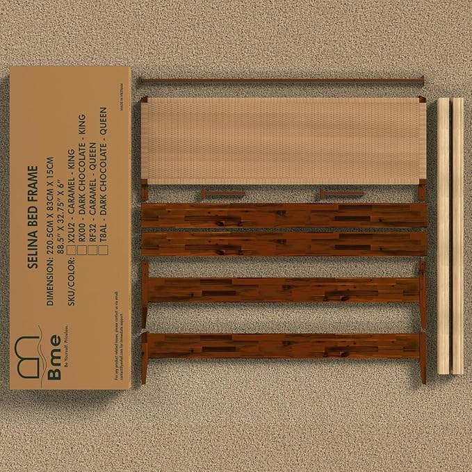 Bme Selina Wood Platform Bed Frame - Handcrafted Paper Cord Unique Headboard - No Box Spring Needed - 12 Strong Wood Slats Support - Easy Assembly - Queen, Dark Chocolate
