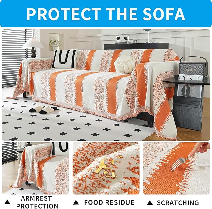 LUFEIJIASHI Boho Couch Covers for Sofa Non Slip Sofa Covers Washable Couch Covers for 3 Cushion Couch Sofa Pet Friendly Sectional Couch Cover Blanket Furniture Protector for Dogs (Orange, 71"x118")
