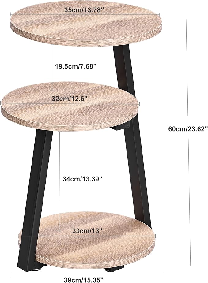 BEWISHOME Round End Table Side Table with Metal Frame, Accent Table Nightstand Bedside Table with 3-Tier Shelves, Small Couch Coffee Table for Living Room Bedroom Greige KTZ41G