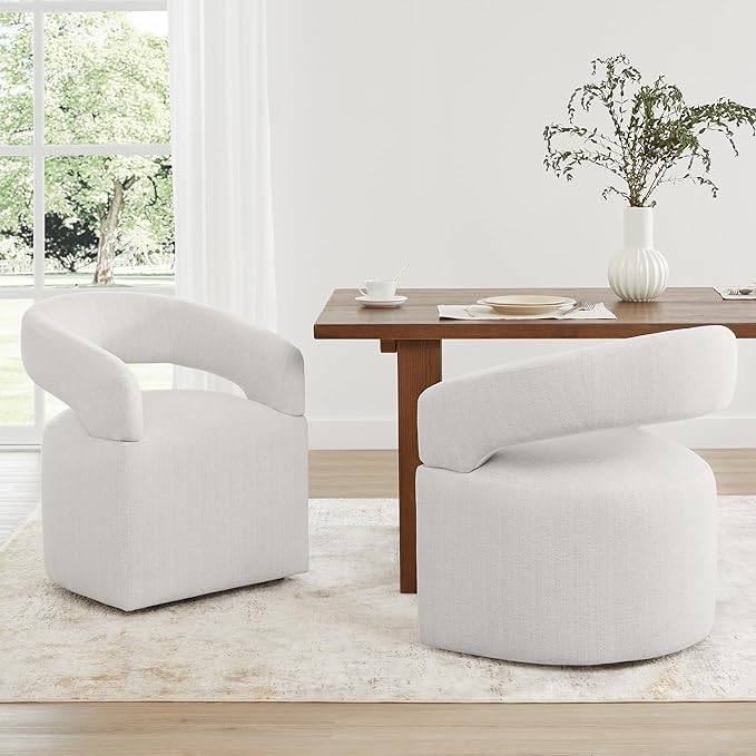 Upholstered Dining Chairs with Removable Casters Barrel Side Armchair with Rollers for Diningroom Bedroom Livingroom Reading Room, Linen, 1PCS