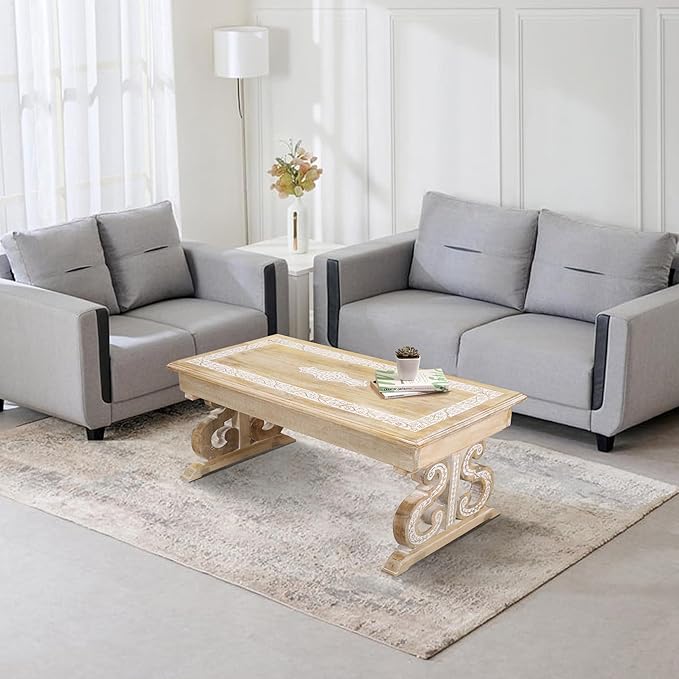 Lightnpro Mango Wood Rectangular Coffee Table - Living Room Center Table, Rustic Vintage Charm, Eco-Friendly Furniture, Reclaimed Wood - 40x18 Inch White Wash Finish