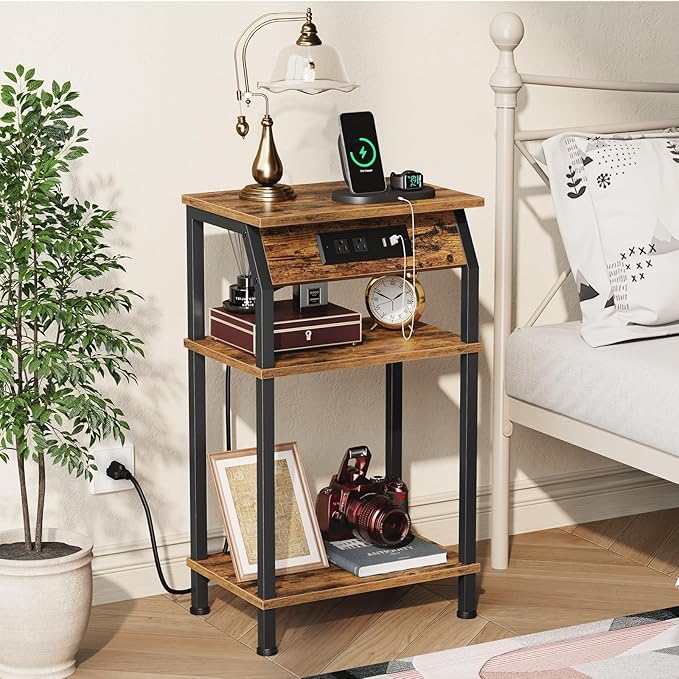 Tall Side Table with Storage, 3-Tier Small End Table with Charging Station, Narrow Bedside Table Stand, Space-Saving Nightstand for Living Room, Bedroom,Office, Rustic Brown