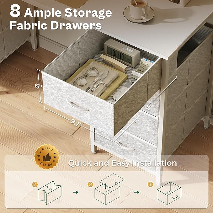 Huuger 47 Inch Vanity Desk with 8 Fabric Drawers, White Desk, Computer Desk with Large Storage, Drawers, for Home Office, Bedroom