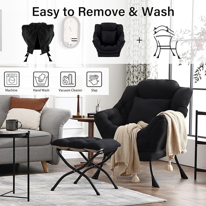 Lazy Chair with Ottoman, Modern Lounge Accent Chair with Armrests and a Throw Pillow, Leisure Sofa Chair Set, Reading Chair with Footrest for Living Room, Bedroom, Dorm Room, Midnight Black