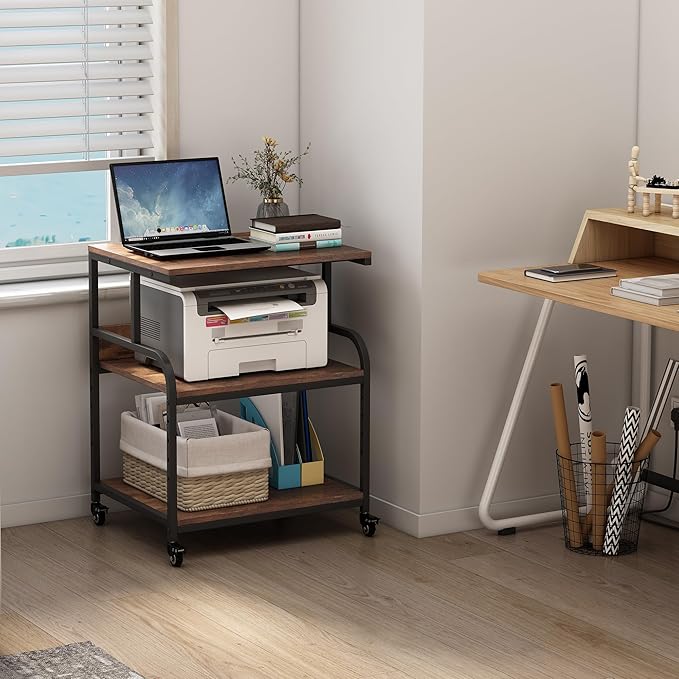 Large Printer Stand with Adjustable Storage Shelf, 3 Tier Printer Cart with Wheels for Home Office Organization, Rolling Table Stand for Heat Press Mini Fridge, Industrial Style