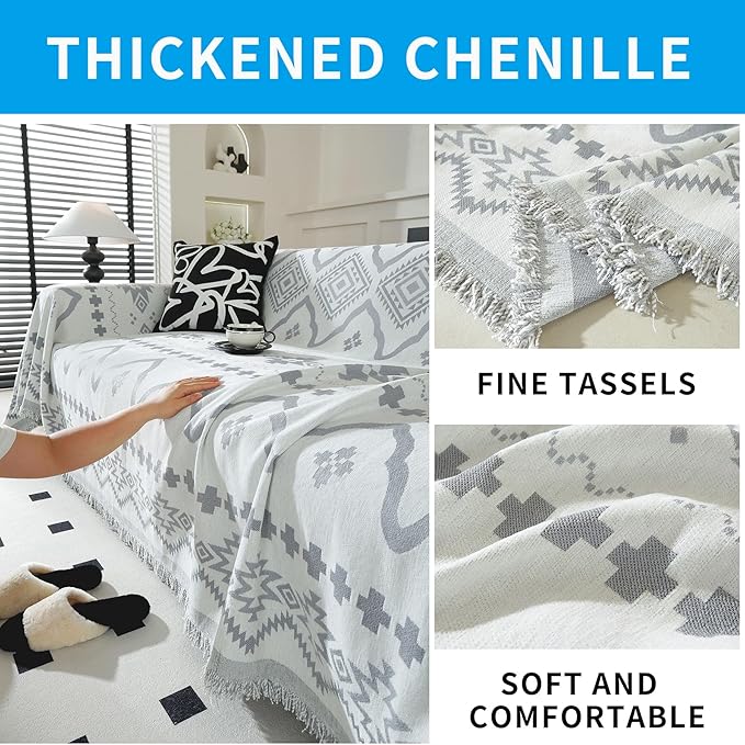 LUFEIJIASHI Boho Couch Covers for Sofa Non Slip Sofa Covers Washable Couch Covers for 3 Cushion Couch Sofa Pet Friendly Sectional Couch Cover Blanket Furniture Protector for Dogs (Grey, 91"x134")