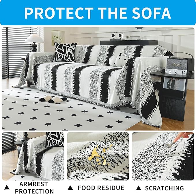 LUFEIJIASHI Boho Couch Covers for Sofa Non Slip Sofa Covers Washable Couch Covers for 3 Cushion Couch Sofa Pet Friendly Sectional Couch Cover Blanket Furniture Protector for Dogs (Black, 71"x134")