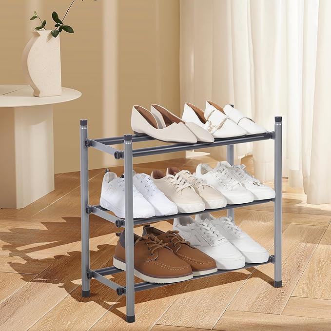 STORAGE MANIAC Expandable Shoe Rack, 12 Pairs Stackable Small Shoe Rack, Metal Adjustable Shoes Organizer for Closet, Entryway, Hallway, Garage, Front Door, Shoes Shelves, Black 3 Tier