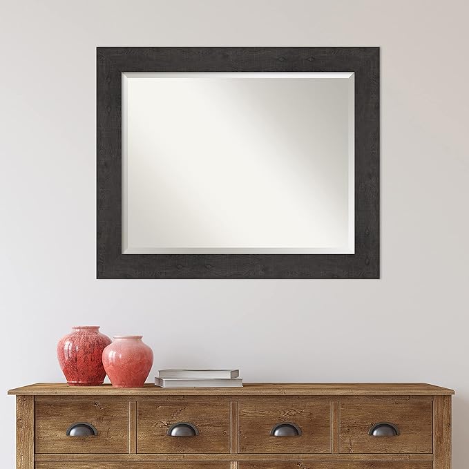 Amanti Art Brown Bathroom Mirror for Over Sink, 28x34 Rustic Plank Espresso Rectangle Vanity Mirror, Large Rustic Farmhouse Frame, Hangs Horizonally and Vertically, Bathroom Wall Decor, Beveled Edge