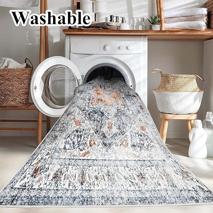 Area Rug 8x10 Washable Rug Orange Gray Vintage Traditional Mat Distressed Indoor Foldable Thin Retro Accent Floral Print Non Slip Carpet Living Room Dining Room Office