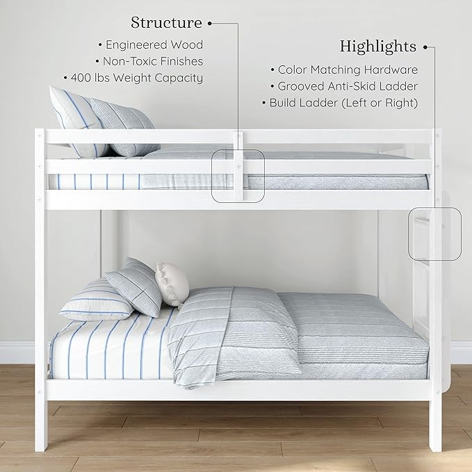 Grain & Grove Bear Twin Over Twin Bunk Bed, Sturdy Bunk Bed Frame for Kids, Plywood Bunk with Ladder, Guardrail, and Slats, No Box Spring Required, Brushed White