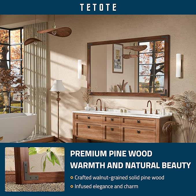 TETOTE 48 x 30 Walnut Wood Mirror for Bathroom Wall/Bedroom/Living Room/Entryway Farmhouse Rustic Wall Mirror Brown Waterproof (Horizontal/Vertical Mounted)