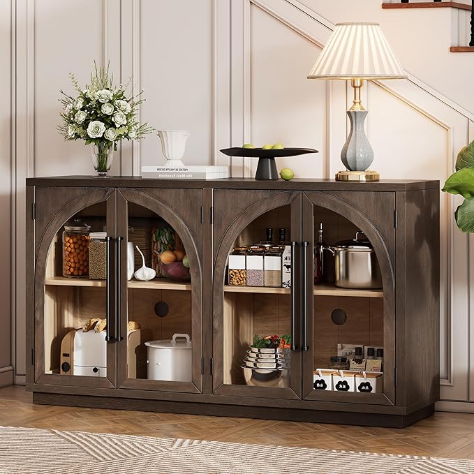 Merax Wood Farmhouse Buffet Sideboard with Adjustable Shelves and 4 Glass Doors, Coffee Bar Cabinet TV Stand for Living Room Bedroom Kitchen Espresso