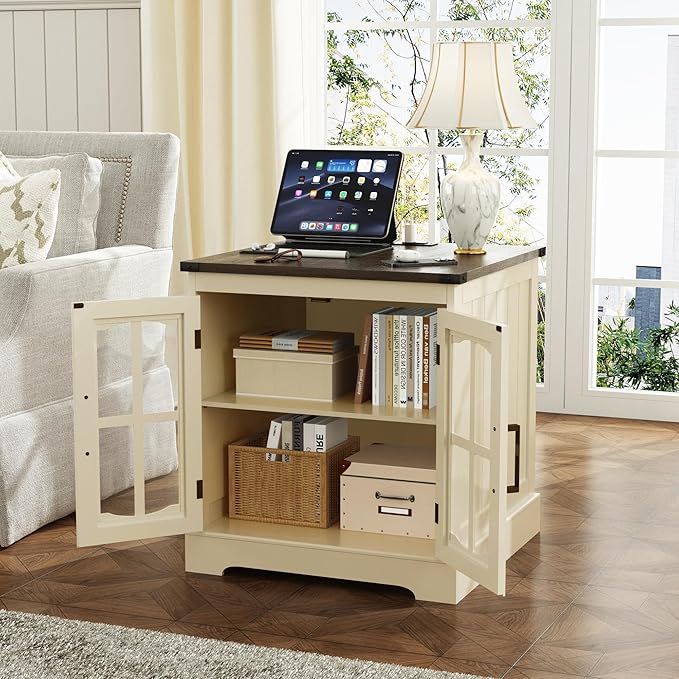 ChooChoo Farmhouse End Table Set of 2, 24" Large Sofa Side Table with Charging Station & LED Light, Nightstand with Adjustable Storage Shelf for Living Room Beige (Cream Mix with White)