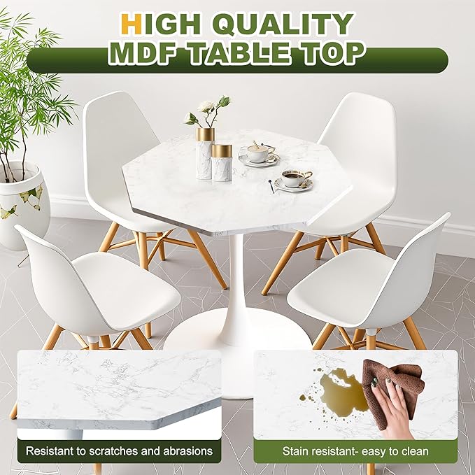 Dining Table for 2-4, 31.5" Kitchen Table with Printed Marble Top, Modern Tables for Dining Room, Living Room, Coffee Bar, White