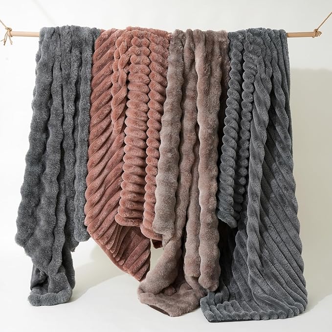Amélie Home Faux Fur Throw Blanket for Couch, Ultra Cozy Fuzzy Fluffy Fur Luxurious Soft Striped Plush Gift Blankets for Family Sofa Chair Bed Living Room Bedroom, 60"x80", Ionic Fox Brown