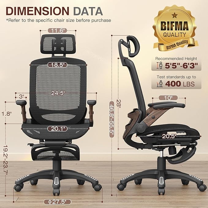 GABRYLLY Ergonomic Office Chair with Footrest, High Back Mesh Computer Chair with Flip-Up Arm, 3D Headrest, 135° Reclining, Rolling Gaming Task Chair with Wide Seat Lumbar Support,400LBS