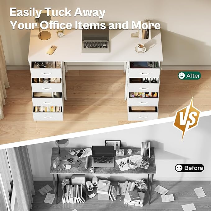 Huuger 47 Inch Vanity Desk with 8 Fabric Drawers, White Desk, Computer Desk with Large Storage, Drawers, for Home Office, Bedroom