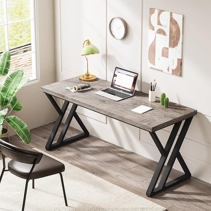 Tribesigns Writing Computer Desk, 55 inch Heavy Duty Study Desk with Z-Shaped Metal Leg, Modern Simple Home Office Computer Desk, Grey