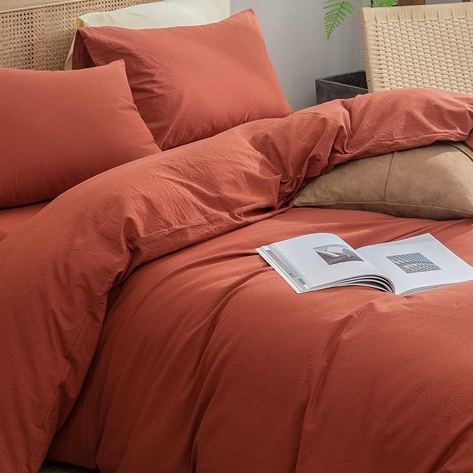 BESTOUCH Duvet Cover Set 100% Washed Cotton Linen Feel Super Soft Comfortable Chic Lightweight 3 PCs Home Bedding Set Solid Burnt Brick Red Oversized Full