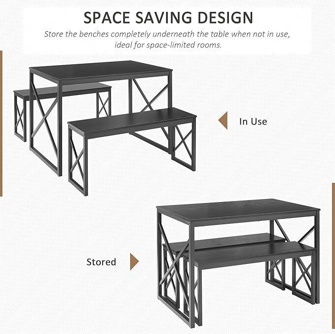 VECELO Kitchen Table with 2 Benches for 4, Wood Dining Room Dinette Sets with Metal Frame for Breakfast Nook and Small Space, Black