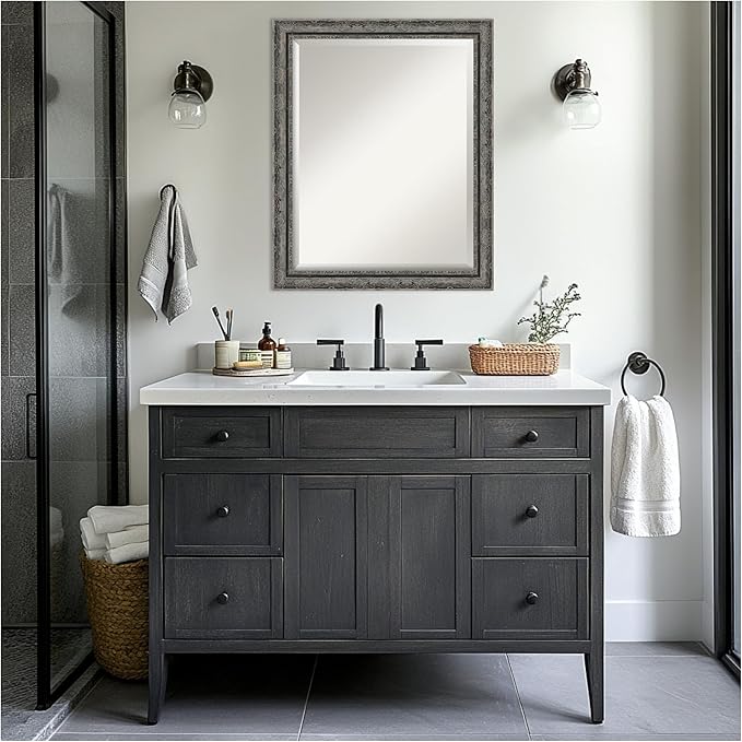 Amanti Art Bathroom Mirror for Over Sink, 27x33 Filigree Matte Black Rectangle Vanity Mirror, Large Traditional Frame, Hangs Horizonally and Vertically, Bathroom Wall Decor, Beveled Edge