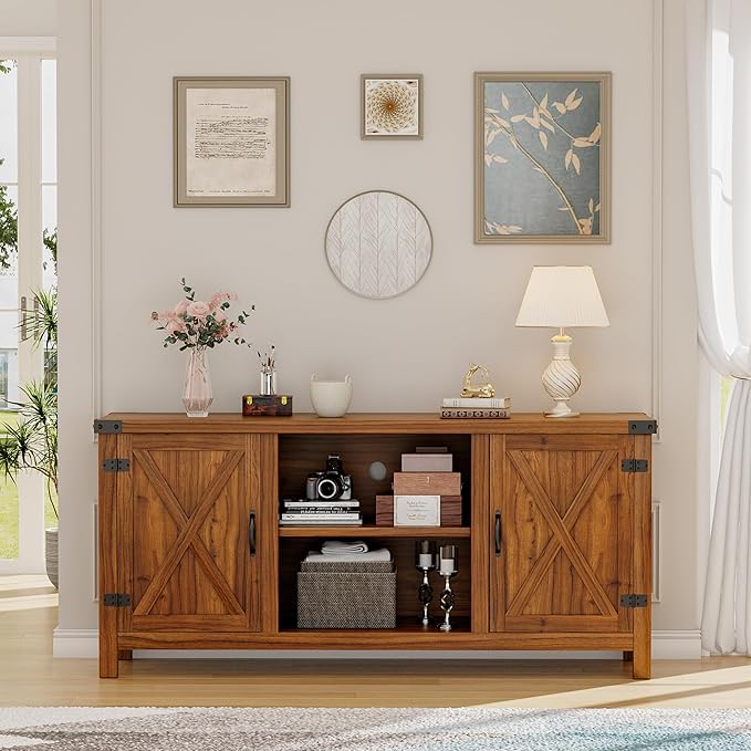 YESHOMY Farmhouse Buffet & Sideboard, 58" Kitchen Storage Cabinet with Adjustable Shelves & Doors, Wood Coffee Bar for Living Room, Entryway, Brown