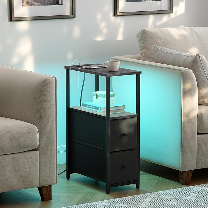 TUTOTAK Small Narrow LED End Table with Charging Station, Side Table Outlets, Nightstand with 2 Cloth Drawers, Set of 2, Couch Table, for Living Room, Bedroom, Bedside, Charcoal Grey TB01BY056