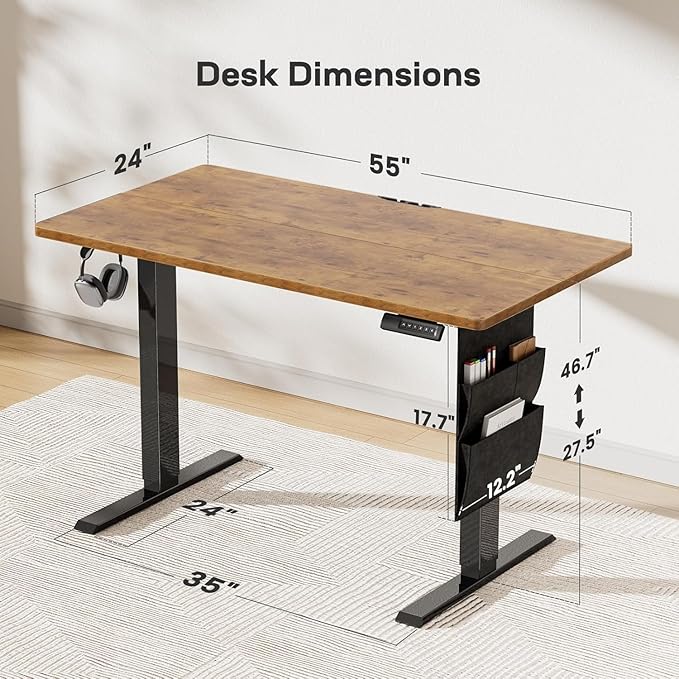 HUANUO Electric Standing Desk, 55 x 24 Inch Height Adjustable Computer Desk with Storage Bag, 4 Height Memory Settings, Sit Stand Up Desk for Home Office, Rustic Brown