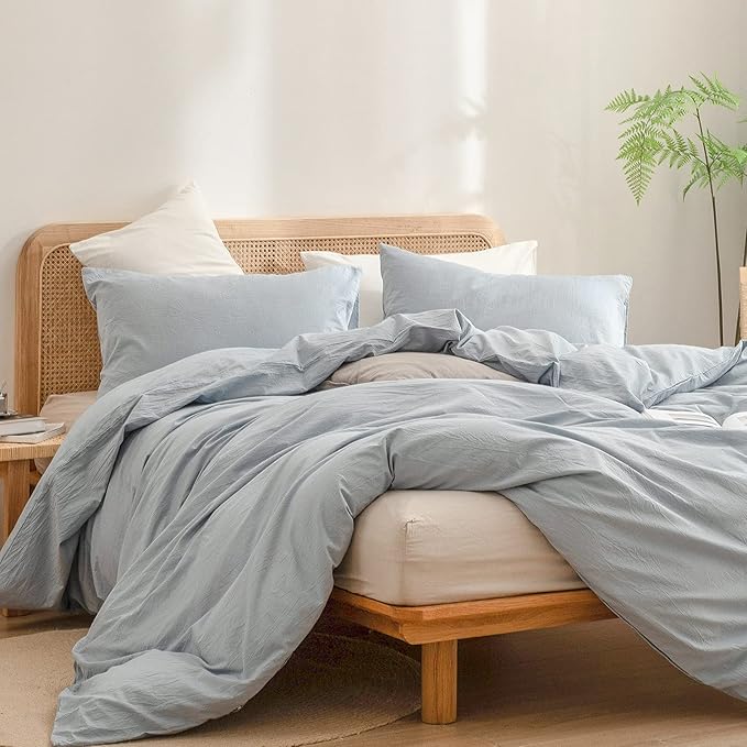 BESTOUCH Duvet Cover Set 100% Washed Cotton Linen Feel Super Soft Comfortable Chic Lightweight 3 PCs Home Bedding Set Solid Cornflower Blue Oversized Queen