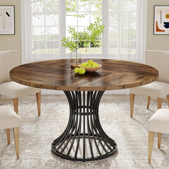 Tribesigns Round Dining Table for 4-6 People, 47-Inch Farmhouse Dinning Room Circle Kitchen Table, Industrial Dinner Table with Metal Base for Kitchen, Living Room, Black and Brown