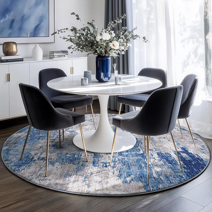 Washable Area Rugs 4ft Non-Slip Modern Abstract Soft for Living Room Entryway Bedroom Nursery, Print Pattern, Blue Grey Navy Gray
