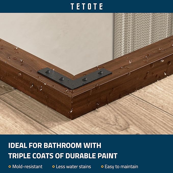 TETOTE 48 x 30 Walnut Wood Mirror for Bathroom Wall/Bedroom/Living Room/Entryway Farmhouse Rustic Wall Mirror Brown Waterproof (Horizontal/Vertical Mounted)
