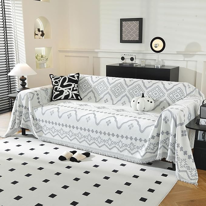 LUFEIJIASHI Boho Couch Covers for Sofa Non Slip Sofa Covers Washable Couch Covers for 3 Cushion Couch Sofa Pet Friendly Sectional Couch Cover Blanket Furniture Protector for Dogs (Grey, 91"x118")