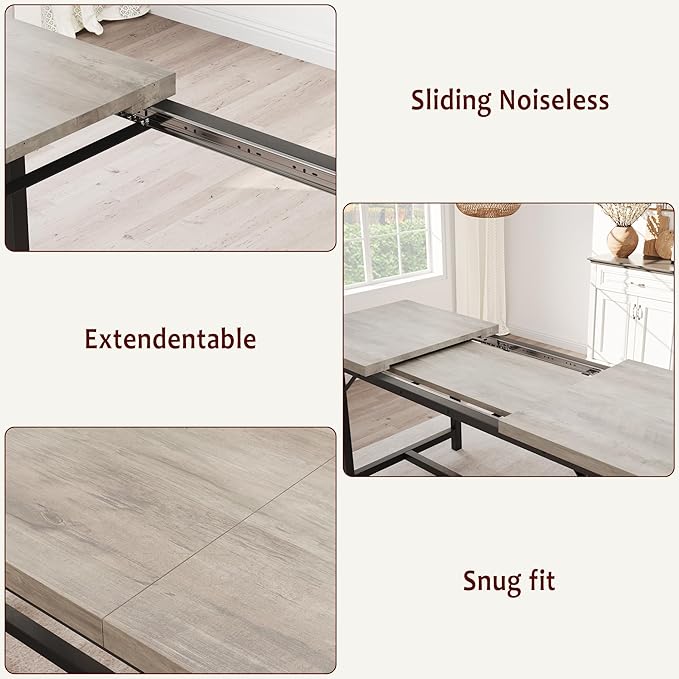 GarveeHome Dining Table Set for 4-6, 63" Extendable Wood Dining Room Table with Corner Protector & 2 Upholstered Benches, Kitchen Table Set for Apartment, Small Space, Easy Assembly,Retro Gray