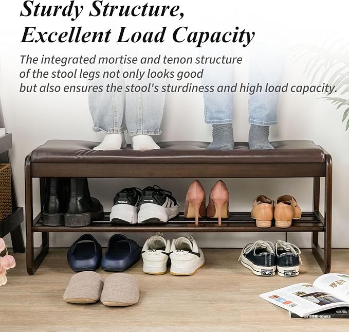 Shoe Bench, Entryway Bench with Leather Cushion, Solid Wood Shoe Rack, Mid Century Modern Bench, Shoe Storage, Shoe Organizer for Entryway (Brown, 31.5" W)