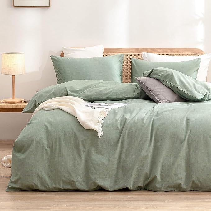 BESTOUCH Duvet Cover Set 100% Washed Cotton Linen Feel Super Soft Comfortable Chic Lightweight 3 PCs Home Bedding Set Solid Green Oversized Full