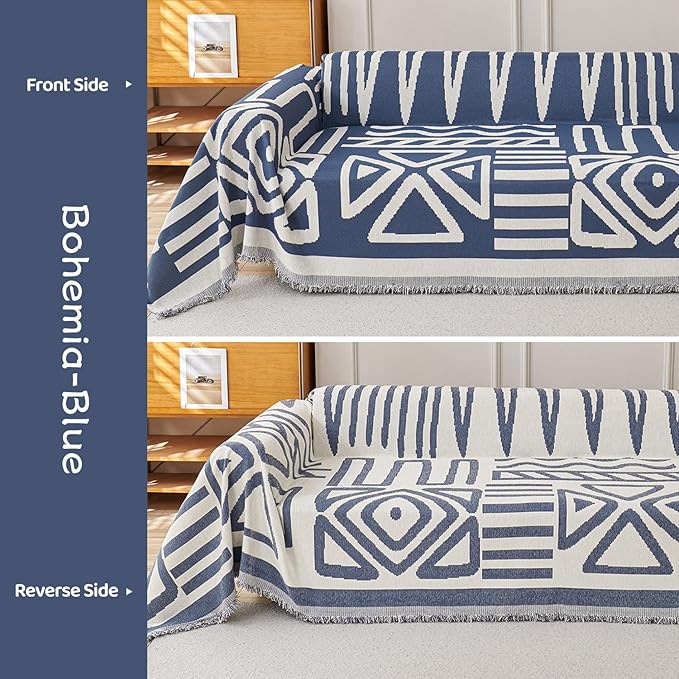 STACYPIK Thick Boho Couch Covers for Dog Cat, Modern Blue Triangle Sofa Cover for Living Room, Reversible Furniture Protector for 3 Cushion Couch, Anti Slip Jacquard Loveseat Covers for Sofa-71X118IN