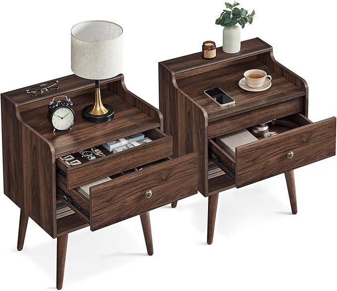 VASAGLE Nightstands, Set of 2, Bedside Tables with Hidden Drawers, Mid-Century End Side Tables with Solid Wood Legs, for Bedroom, Natural Walnut ULET624K01