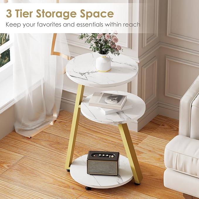 BEWISHOME Round End Table Marble Side Table with Metal Frame, Small Nightstand with 3-Tier Shelves, Night Stand for Living Room Bedroom Tall Gold White Stand KTZ41J
