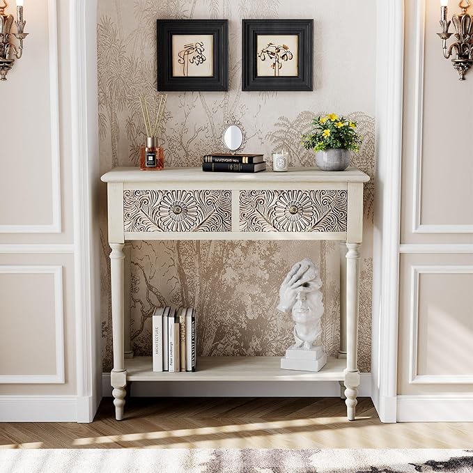COSIEST Console Table with 2 Drawers, MDF Narrow Entryway Table with Storage Shelf, Wood Accent Sofa Table for Living Room, Entrance, Hallway, Couch, Light Grey