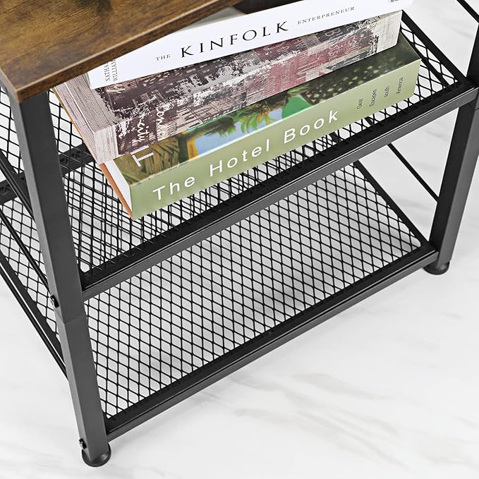 OYEAL Small Nightstand Industrial Square End Table with Storage Shelf Farmhouse Sofa Side Table for Small Spaces, Narrow Bedside Table for Living Room Bedroom, Stable Metal Frame, Rustic Brown