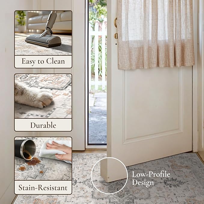 GENIMO 10x12 Area Rugs for Living Room, Non Slip Machine Washable Vintage Rugs, Low Pile Lightweight Chenille Print Large Rug for Bedroom, Dining Room, Home Office, Light Taupe Brown