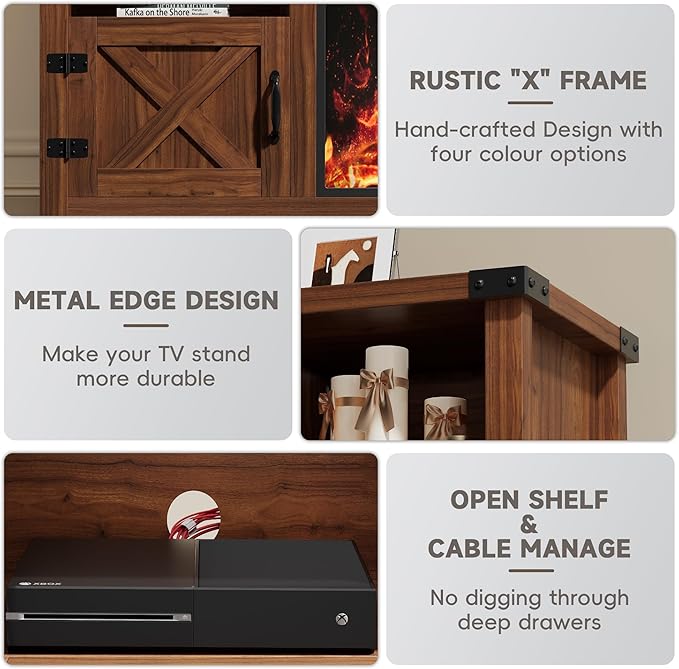 YESHOMY Fireplace TV Stand with Barn Doors and Open Display Shelf, Farmhouse Media Console with Hidden Cable Routing, Entertainment Center for Televisions up to 65+ Inch, Walnut