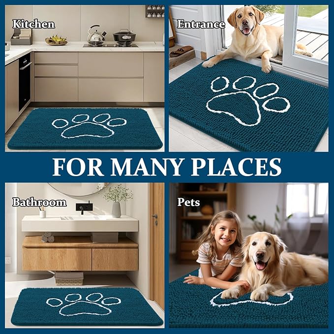 OLANLY Door Mat for Muddy Dog Paws 47x32, Absorbent Chenille Mud Doormat with Paw Print Design, Non-Slip Washable Doormat for Indoor Entryway, Quick-Dry Pet Bed Mats for Dirty Dogs, Atlantic Blue
