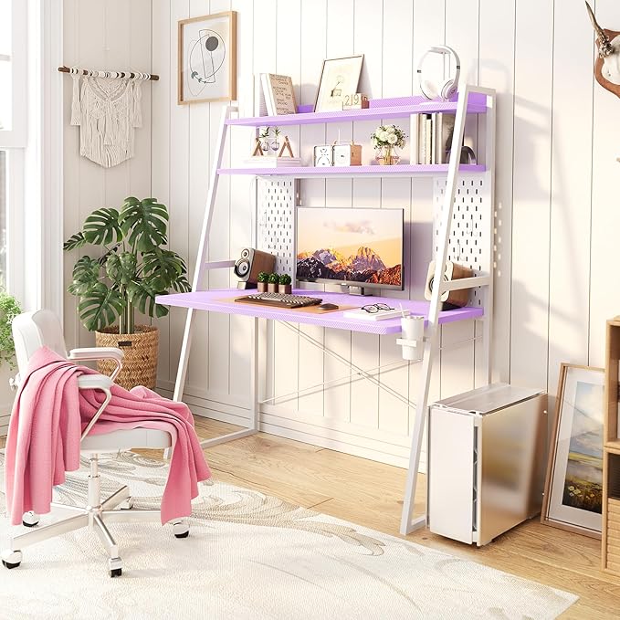 Gaming Desk with Hutch and LED Lights, Gaming Computer Desk with Power Outlets, Gamer Desk with Storage Shelves & Pegboards for Bedroom, Carbon Fiber Purple, 43"