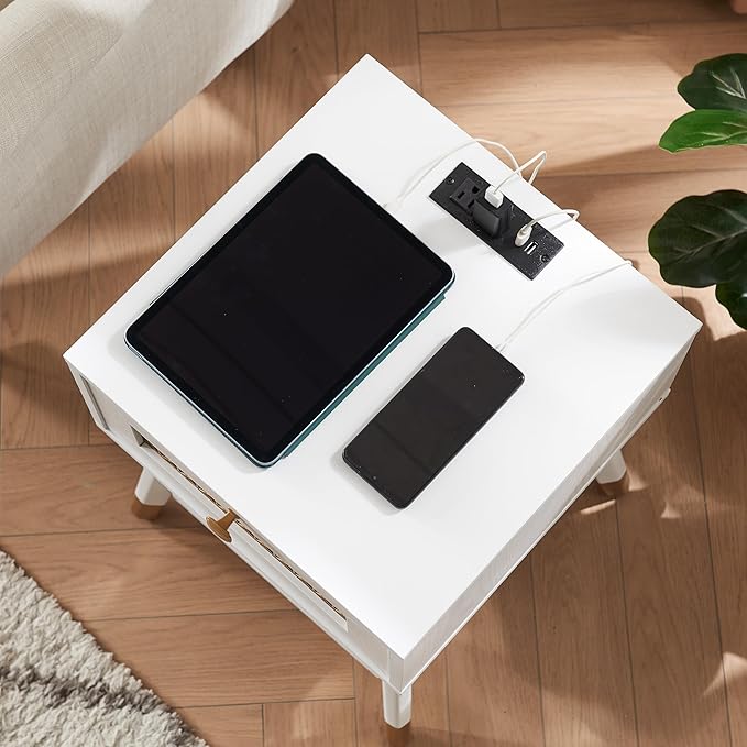 Modern Style Side Table, End Table with Drawer and Shelf for Living Room, Square Wooden Small Nightstand, White