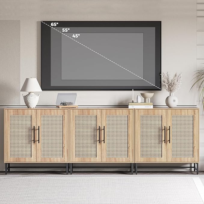 KFO Storage Cabinet with Handmade Natural Rattan Doors, Rattan Buffet Cabinet, Sideboard for Living Room, Hallway, Dining Room, Entryway